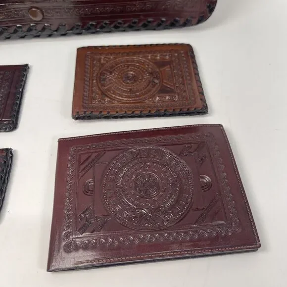Wallet Fold Hand Tooled Leather Embossed Aztec Stamped Mexico Brown 12x7.5in WOW